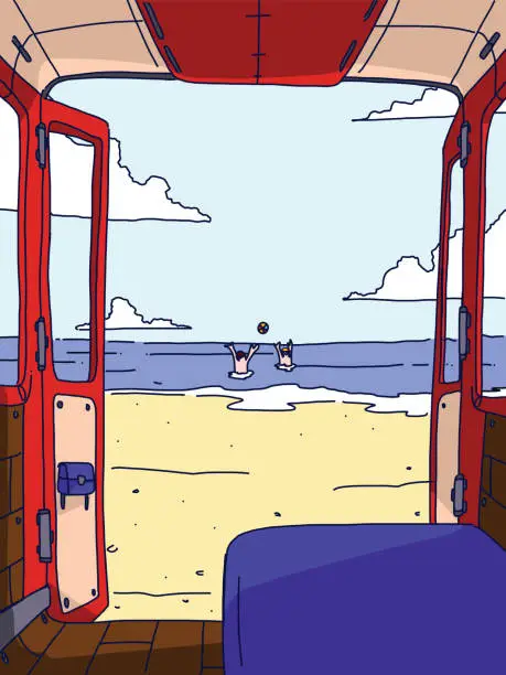 Vector illustration of Outside view of the beach with friends playing with a beach volleyball in the ocean viewed from the inside of a van, camping car.