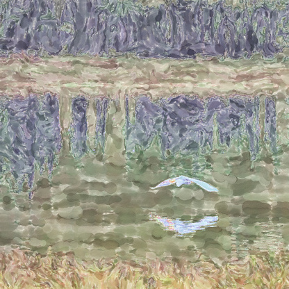 watercolor illustration: White crane flies just above the water surface of a lake, calm picture with meditative effect, Zen-like