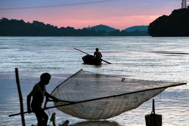 Fisherman in the Brahmaputra river Fisherman fishing in the Brahmaputra river at sunset, in Guwahati, Friday, 23 August 2020. brahmaputra river stock pictures, royalty-free photos & images
