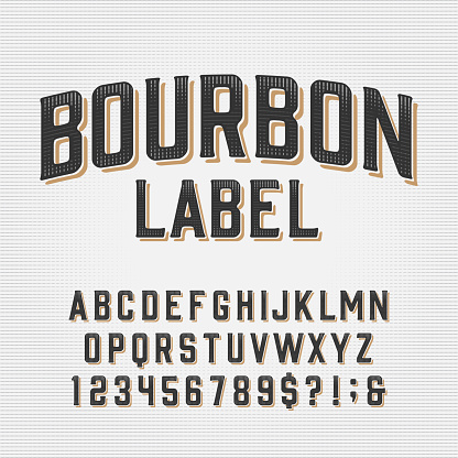 Bourbon Label alphabet font. Scratched vintage letters, numbers and symbols. Vector typescript for your typography design.