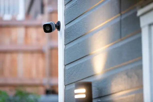 Photo of Black cctv surveillance camera outside building, home security system