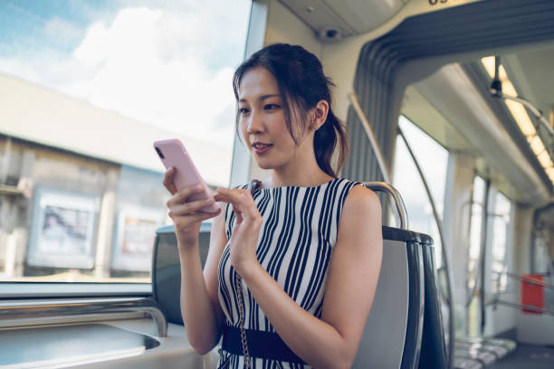 istock Young woman using mobile phone while commuting with the subway in the city 1268023002