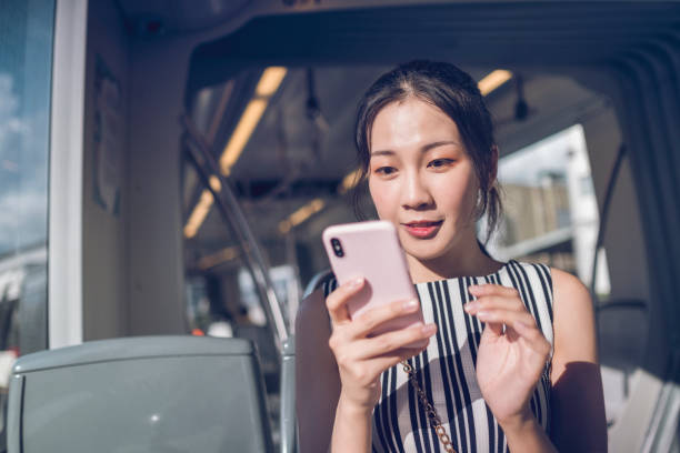 istock Young woman using mobile phone while commuting with the subway in the city 1268023030