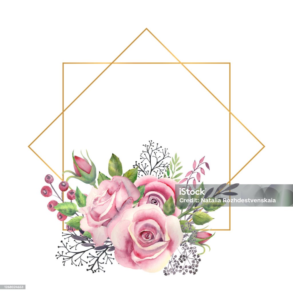 Hoa Hồng Hồng Lá Xanh Quả Mọng Trong Khung Hình Học Vàng Khái Niệm ...