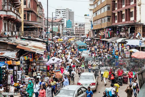 African City Market Streets Lagos Nigeria Stock Photo - Download Image Now - Market - Retail Space, Africa, Developing Countries