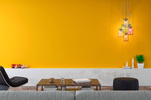 istock Empty nostalgic living room with gray sofa, lounge chair, pouffe, table and decoration 1268028051