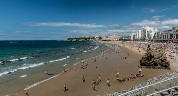 View over Grand Plage beach in summer Biarritz, France - July 28 2016: View over Grand Plage beach in summer. french basque country photos stock pictures, royalty-free photos & images