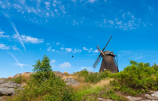 Fiskebäckskil, Sweden - July 25 2020: Olssons windmill was built in the 1800s.