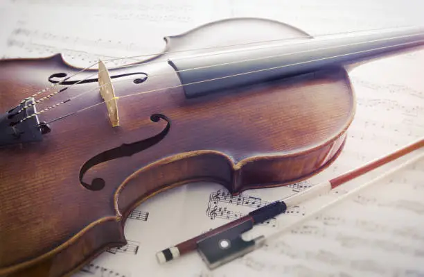 Close up view of brown violin lying on music score sheets