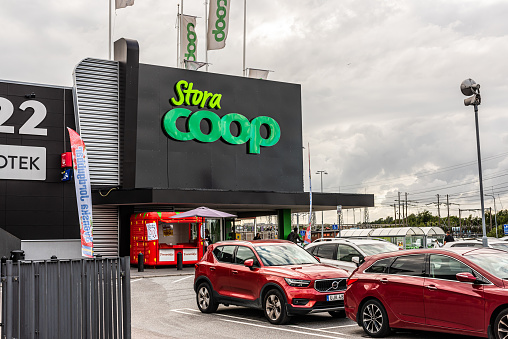 Gothenburg, Sweden - July 28 2020: Stora COOP sign outside their Sisjön warehouse.