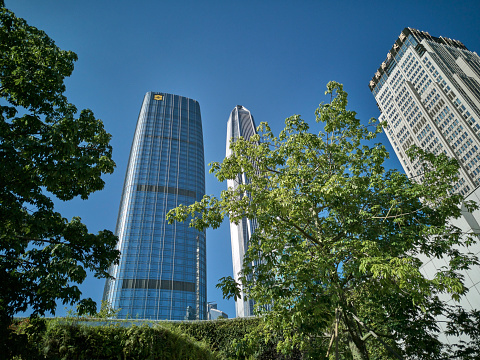 Shenzhen, China - August 05, 2019: view from below of the Futian Shangri-La Hotel, located in Futian Central Business District.