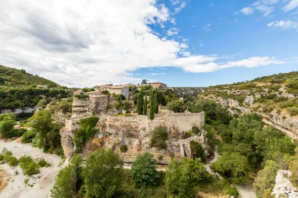 View of the medieval village of Minerve and the Gorges du Brian