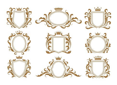 Luxury monogram shields. Royal labels with crowns, decorative elegant emblems, victorian symbols of insignia, vector illustration of ornate frames heraldry isolated on white background