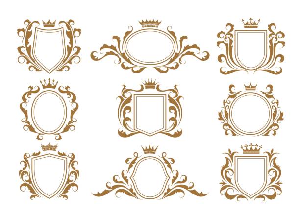 Luxury monogram shields Luxury monogram shields. Royal labels with crowns, decorative elegant emblems, victorian symbols of insignia, vector illustration of ornate frames heraldry isolated on white background coat of arms stock illustrations
