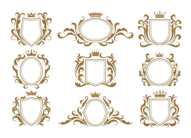 Luxury monogram shields Luxury monogram shields. Royal labels with crowns, decorative elegant emblems, victorian symbols of insignia, vector illustration of ornate frames heraldry isolated on white background royal shield stock illustrations