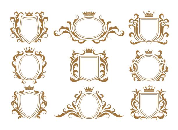 Luxury monogram shields Luxury monogram shields. Royal labels with crowns, decorative elegant emblems, victorian symbols of insignia, vector illustration of ornate frames heraldry isolated on white background medieval background stock illustrations