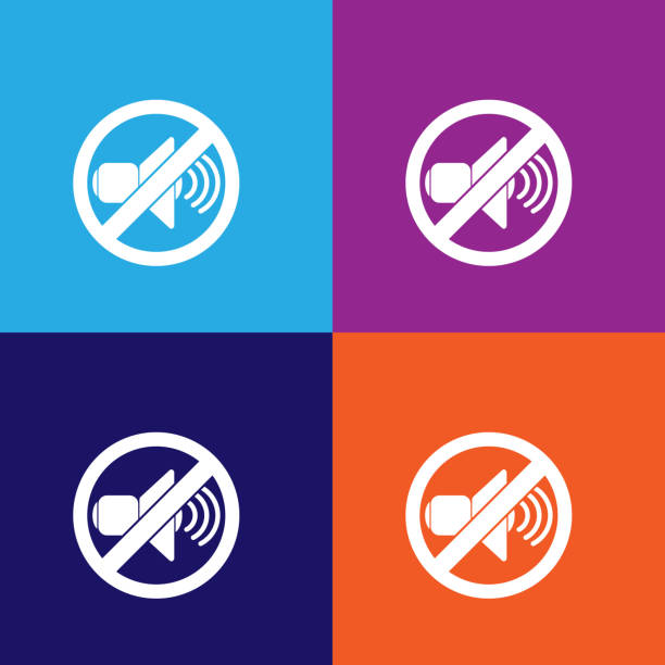 Forbidden sign with loudspeaker illustration icon on multicolored background Forbidden sign with loudspeaker icon on multicolored background turning down volume stock illustrations