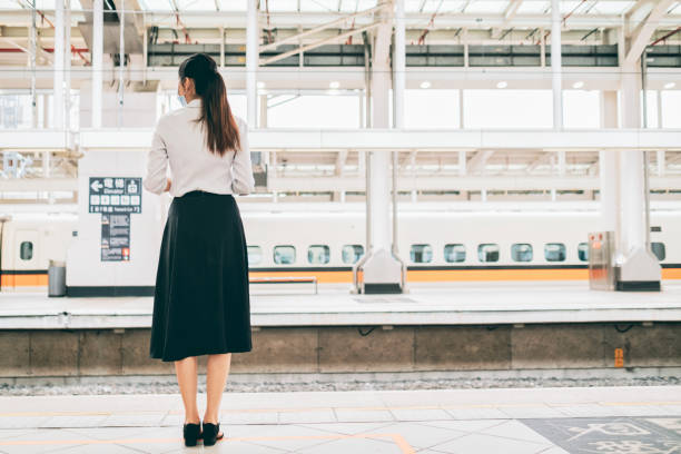 istock Young Asian woman with protective face mask  on subway 1268042926
