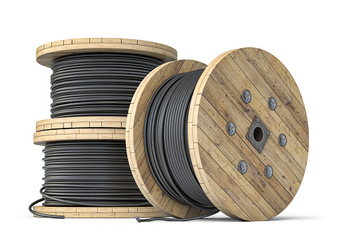 Wire electric cable on wooden coil or spool isolated on white background. 3d illustration