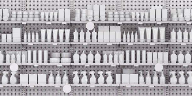 White supermarket shelves and showcases with cosmetics products, bottles, tubes, boxes, personal care products. White supermarket shelves and showcases with cosmetics products, bottles, tubes, boxes, personal care products. 3d illustration shelf stock pictures, royalty-free photos & images