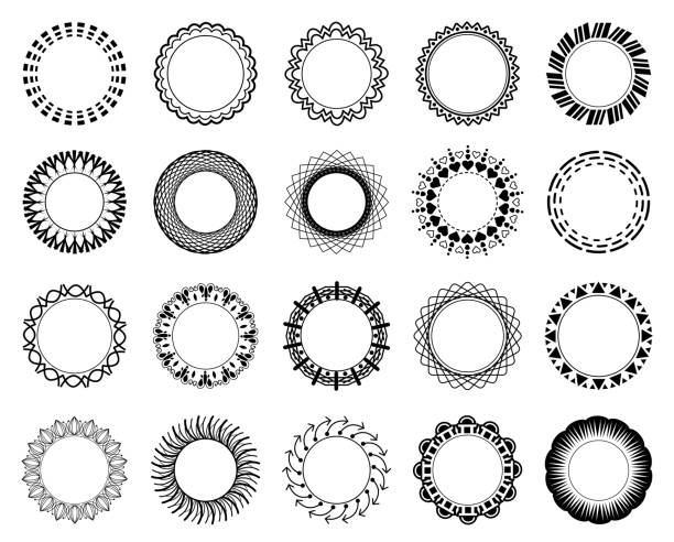 Vector circle frame set Vector circle frame set. Collection of black flat rounded frames, with contour lines and shapes. Isolated on white background circle borders stock illustrations