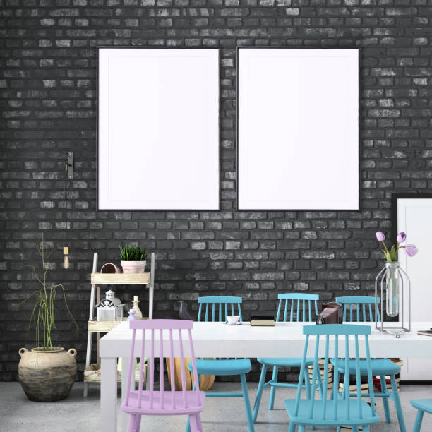 istock Office space with two blank white poster frames and black brick wall 1268047859