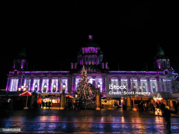 Belfast City Hall Lit Up With Festive Holiday Christmas Lights Stock Photo - Download Image Now