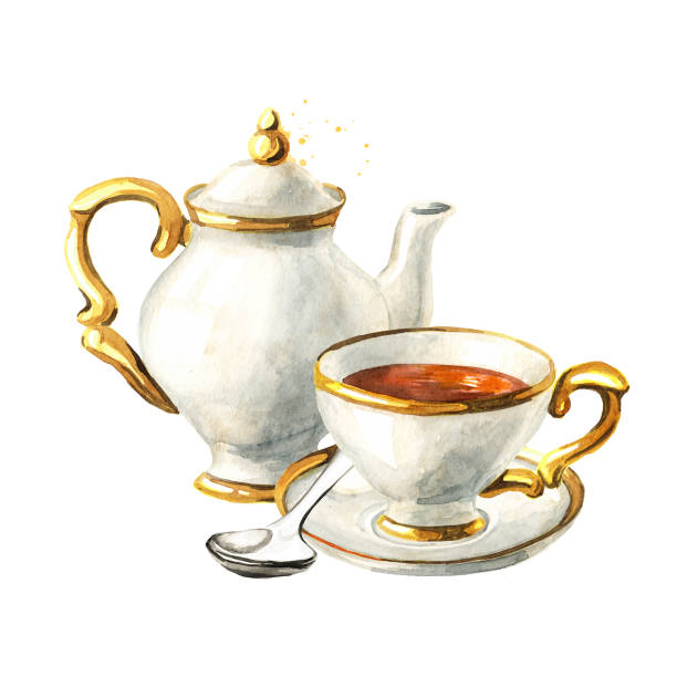 illustrations, cliparts, dessins animés et icônes de théière, tasse et soucoupe. porcelaine vintage. illustration d’aquarelle dessinée à la main isolée sur le fond blanc - théière