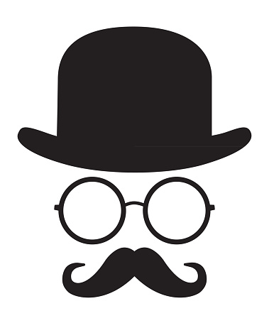 Vector illustration of a graphic black and white face with bowler hat, eyeglasses and handlebar mustache.