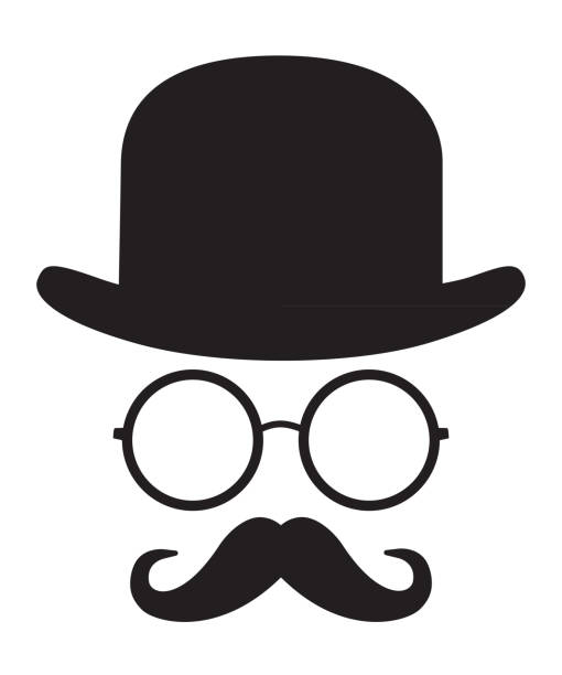Bowler Hat Face Vector illustration of a graphic black and white face with bowler hat, eyeglasses and handlebar mustache. black and white eyeglasses clip art stock illustrations