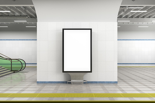 Billboard stand mock up on the underground subway station. 3d illustration