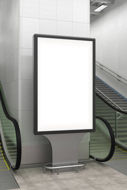istock Blank billboard stand with escalator and stairs. 1268057951