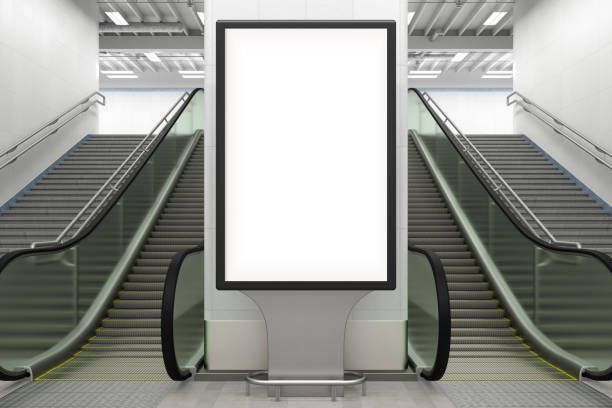 istock Blank billboard stand with escalator and stairs. 1268058508