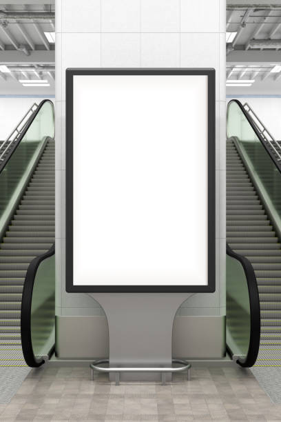 istock Blank billboard stand with escalator and stairs. 1268058526