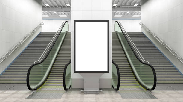 istock Blank billboard stand with escalator and stairs. 1268058540