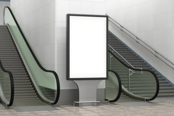 istock Blank billboard stand with escalator and stairs. 1268058555