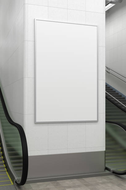 istock Poster mock up on the wall with escalator and stairs. 1268058664