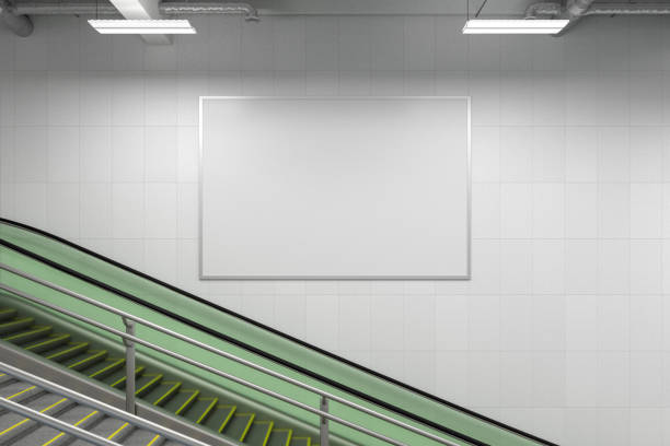 istock Horizontal poster mock up on the wall with escalator and stairs. 1268058753