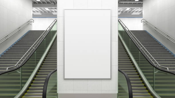 istock Poster mock up on the wall with escalator and stairs. 1268058775