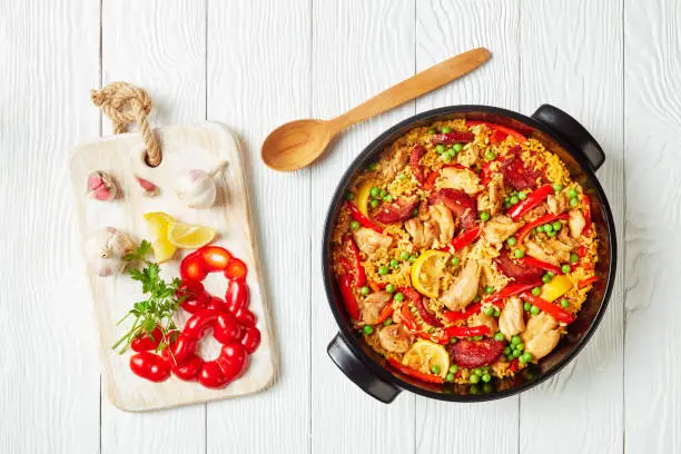delicious spanish chicken paella with valencian bomba rice, chicken thigh meat, chorizo sausages, vegetables and spices in a black dish on a white wooden table, flat lay