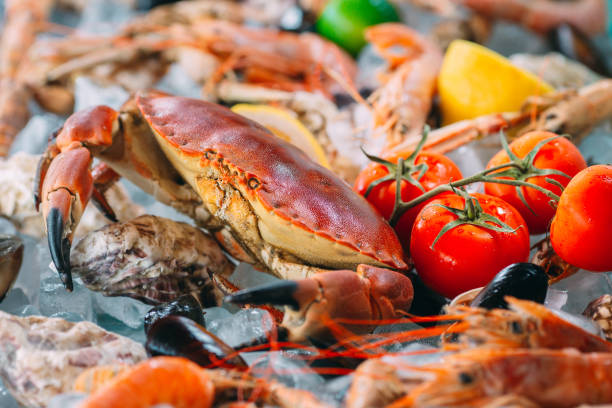 istock Seafood on ice. Crabs, sturgeon, shellfish, shrimp, Rapana, Dorado, on white ice. 1268060335