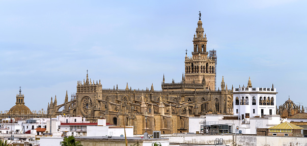 A panoramic rooftop view of the roof of Seville Cathedral, with La Giralda tower rising high at behind, on a sunny Autumn day. Seville, Andalusia, Spain.