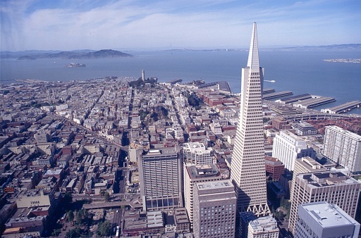 San Francisco, California, USA, 1987. Panoramic view over the Financial District, North Chinatown up to Fisherman's Wharf.