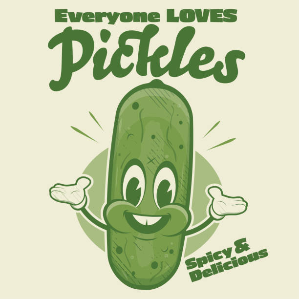 funny pickle cartoon illustration in retro style funny pickle cartoon illustration in retro style label clipart stock illustrations