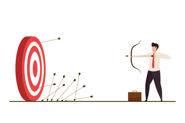 ilustraciones, imágenes clip art, dibujos animados e iconos de stock de el personaje de hombre de negocios falló en el objetivo. - target arrow bulls eye skill