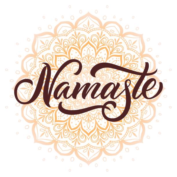 Namaste, indian greeting, hand drawn lettering on abstract doodle round ornament Namaste, indian greeting, hand drawn lettering on abstract doodle round ornament on white background, mandala boho design. Vector illustration. anjali mudra stock illustrations