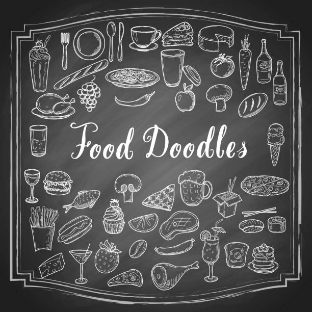 ręcznie rysowane bazgroły żywności, line art proste szkice - spoon vegetable fork plate stock illustrations