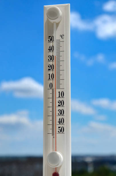 istock White thermometer against blue sky shows high temperature 1268070634