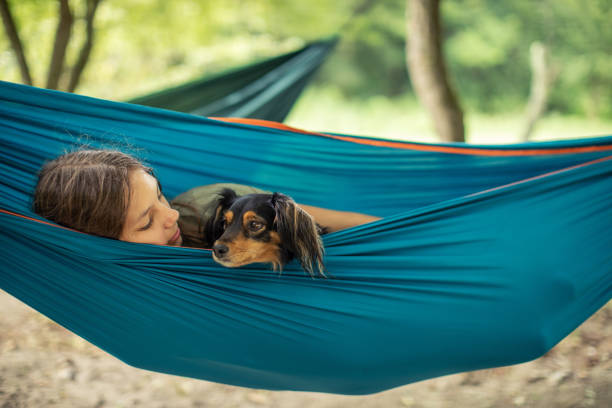 istock Girl relaxing in hammock with her dog 1268074752