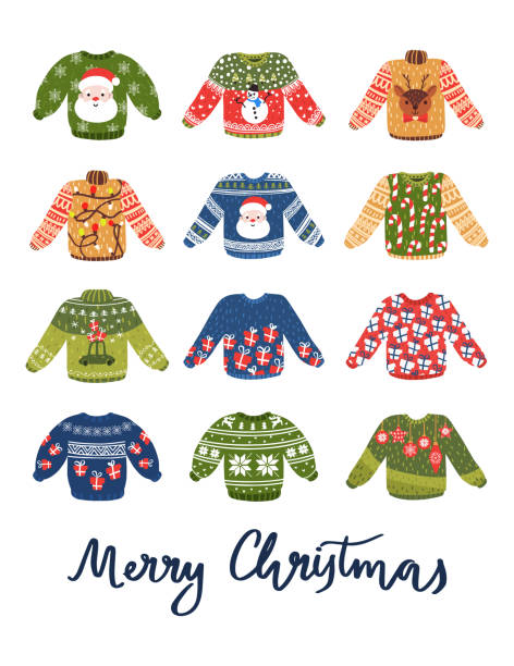 симпатичные уродливые свитера набор - ugliness sweater kitsch holiday stock illustrations